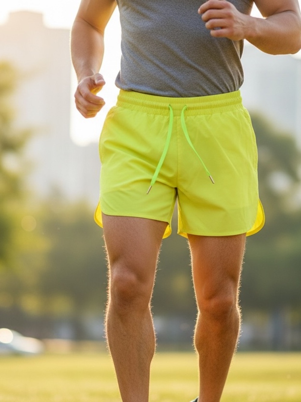 Men's Bright Yellow Athletic Running Shorts with Elastic Waist